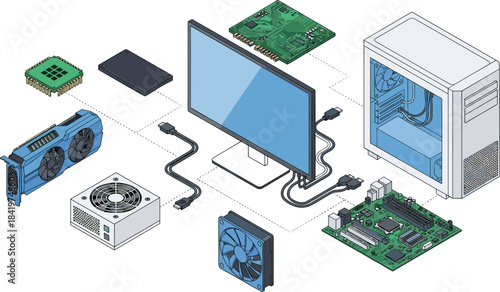 Computer Components Layout, PC Build, Hardware, Motherboard, Graphics Card, Monitor, Power Supply, CPU, Isometric Digital Technology Illustration