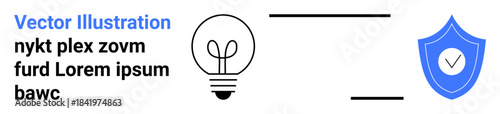 Innovation, security, technology, cyber protection, creativity, intellectual property. Minimalist lightbulb and shield with checkbox. Innovation and security for modern design ideas