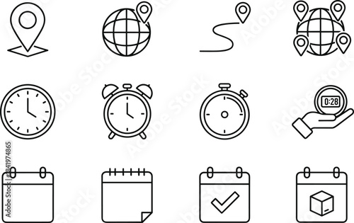 A set of outlined black-and-white icons for global and local positioning, depicting map pins on the globe, an alarm clock,