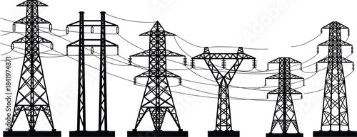 Definitive Vector Silhouette Bundle of Power Lines, Utility Poles, and High-Voltage Towers, Essential for Energy, Transmission, and Urban Infrastructure Designs.