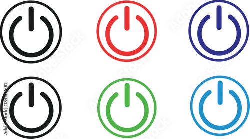 Power Button Icon Set Vector, Six Styles, On Off Switch Symbol, Computer Shutdown, Standby, Start Up, Digital Interface Graphic