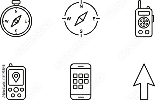 A set of outlined navigation icons, including a handheld radio, GPS devices, magnetic compasses showing cardinal directions,