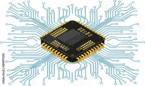 Microchip with Circuit Traces, Central Processing Unit, CPU, Processor, Digital Data, Electronic Brain, High Technology, Computer Engineering, Isometric Vector