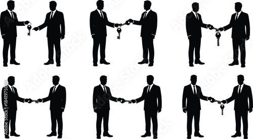 Set of businessmen silhouettes exchanging keys, representing deal closure, partnership, real estate transfer, property ownership, and success vector