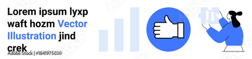 Data visualization, teamwork, communication, approval, business strategy, analytics. Blue thumbs up, bar graph elements and a worker holding gears. Data visualization and teamwork portrayed clearly