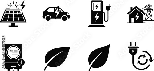 Set of electric energy icons, including solar panel, EV charging station, electric car, power meter, house, and green renewable power