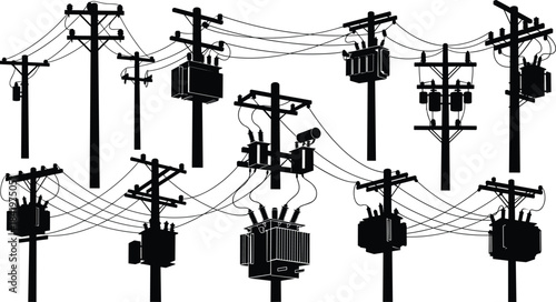 Set of electrical utility poles silhouette collection with transformers, power lines, insulators, and wires for energy distribution and infrastructure