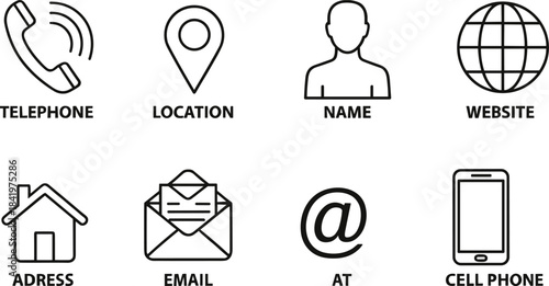 Set of eight essential black outline icons for contact and communication information, including telephone, location pin