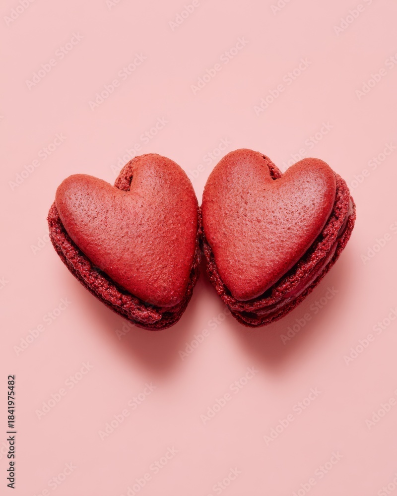 Fototapeta premium Red heart-shaped macarons arranged on a soft background, representing love, sweetness, celebration, and Valentine’s Day concepts.