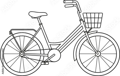 Minimalist blue line art drawing of a classic city bicycle with a front basket, perfect for urban commuting, eco-friendly travel, and leisure summer rides.