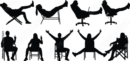 Collection of leisure and activity figures, including a person using a laptop, celebrating with raised arms, and relaxing with feet up on a deck chair.