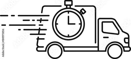 Black outline vector illustration of a moving box van representing quick transport, reliable commercial shipping, and on-time business delivery service.
