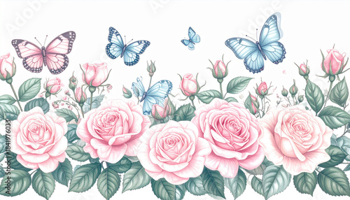 Soft Pastel Pencil Butterfly & Rose Doodles for Florist Card