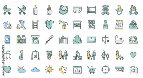 Large Collection of Baby Care and Childhood Doodle Icons.