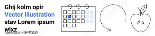 Health planning, nutrition tracking, daily habits, lifestyle changes, meal prep, wellness journey. Minimalist calendar with a checkmark, arrow and an apple. Health planning and nutrition tracking