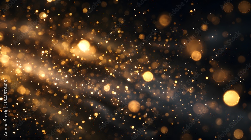 Obraz premium Golden bokeh particles floating in dark background creating magical shimmering atmosphere with glowing light effects