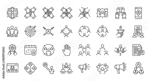 Teamwork and Collaboration Line Icons Set for Business and Social Concepts.