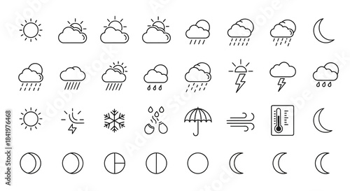 Weather icons set depicting various atmospheric conditions and celestial phases.