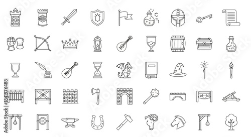 Vector line art icon set for medieval and fantasy themes.