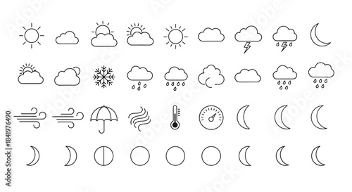 Weather Icons Set - Sun, Clouds, Moon, Rain, Wind, Temperature, and More.