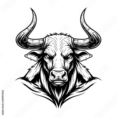 Black and White Bull Head Illustration.