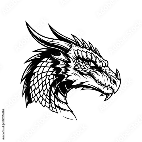 Black and White Dragon Head Illustration.