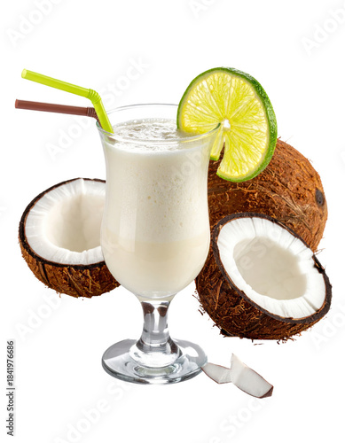 Creamy batida de coco, a classic brazilian cocktail with coconut and cacha�a, perfectly isolated on white background for a tropical vibe