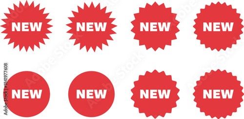 Graphic collection of retail labels and stickers, used to highlight new products, special offers, announcements, or fresh stock arrival.