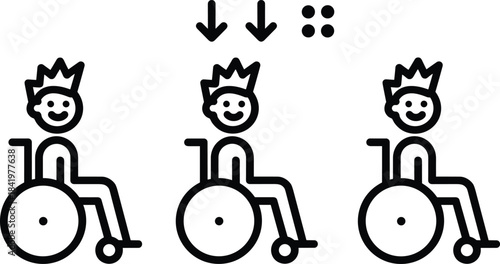 Three versions of a crowned figure in a wheelchair, representing a king or queen with a disability, mobility, and dignified special needs care.