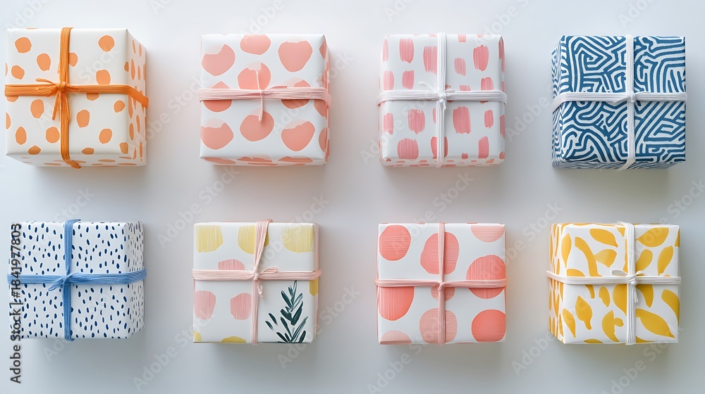 Fototapeta premium Colorful gifts, flat lay, studio, white background, holiday
