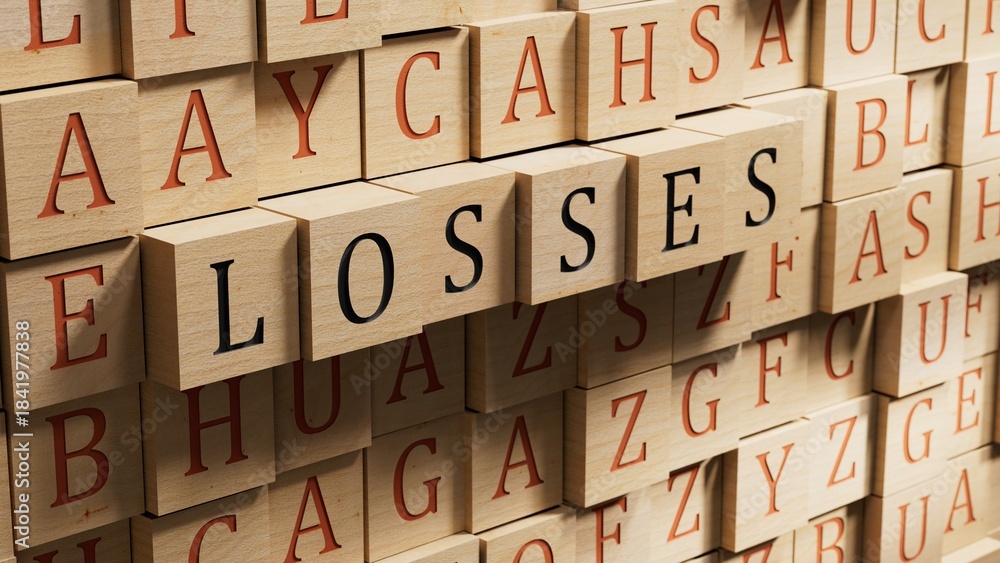 Obraz premium wooden blocks with LOSSES word on wooden table. Financial loss busines concept. Memory loss demetia mental health concept.Business Concept.3D rendering.