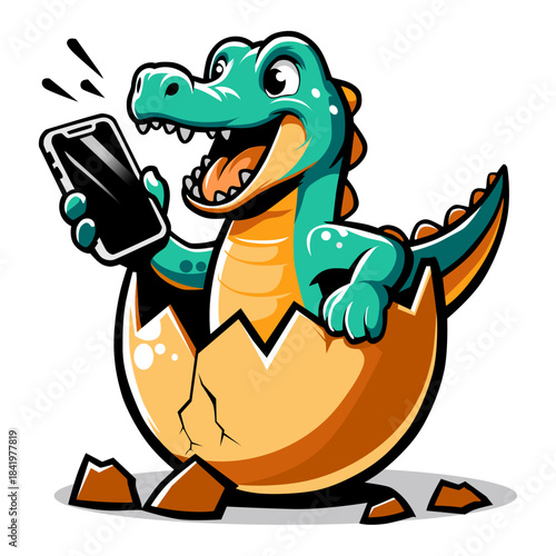 Tech-Savvy Dino Hatchling with Smartphone