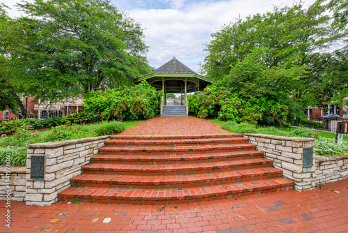 Brick paved steps lead to the Kister Park Gazebo, located on Main Street in the downtown historic district of St. Charles, Missouri.