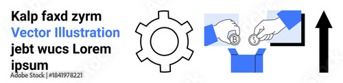 Gear with arrow signifies progress, hands dropping coins highlight contribution or charity, box and screen represent transaction or support. Ideal for business, charity, technology, growth, teamwork