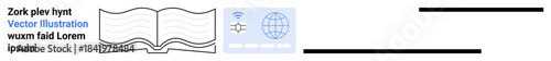 Education, global communication, knowledge sharing, e-learning platforms, publishing, creative design. Open book icon with a globe and connectivity symbols. Education and global communication concept