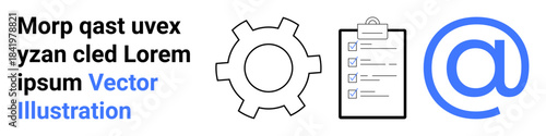 Gear icon, checklist with checkmarks, and email symbol in minimalist style. Ideal for productivity, workflow, collaboration, task management, digital communication, email marketing simple landing