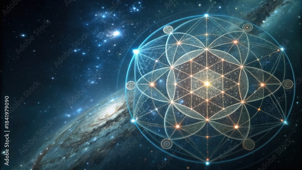 Obraz premium A mesmerizing cosmic scene featuring geometric patterns and a galaxy backdrop, blending science and spirituality through intricate designs.