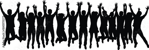 Silhouette of Jubilant Crowd: A unified mass of human silhouettes, arms enthusiastically raised in a collective display of euphoria and celebration