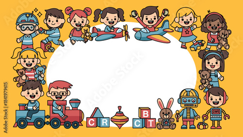 Cheerful Diverse Kids & Toys Frame Illustration for Childhood Fun & Education