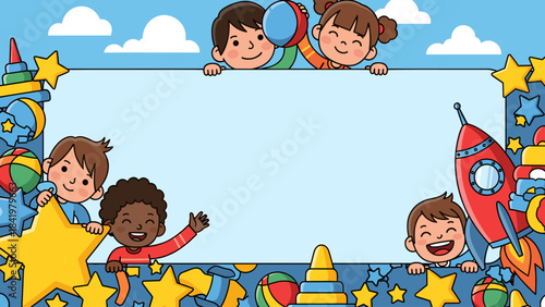 Playful cartoon children and colorful toys border a blank frame. Ideal for kids' events, education, or fun announcements.