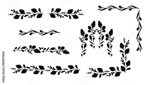 Black natural floral corner, border, divider and frame vector set with branches and leaf elements in doodle ink style for decoration
