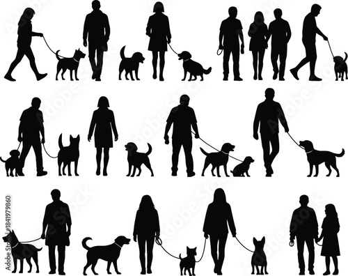 Silhouette Walkers with canine: Diverse silhouettes of people leisurely stroll with their canine companions. capture the everyday bond of owners and their pets. a sense of urban tranquility