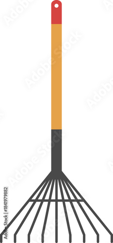 Simple flat design illustration of a garden leaf rake, a common gardening tool with a long handle and fan-shaped tines for yard work