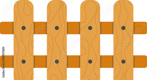 Flat Design Wooden Fence Illustration with Wood Grain Texture and Nails