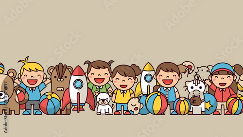 Happy Cartoon Children and Playful Toys Horizontal Border Illustration. Childhood Fun and Education Design