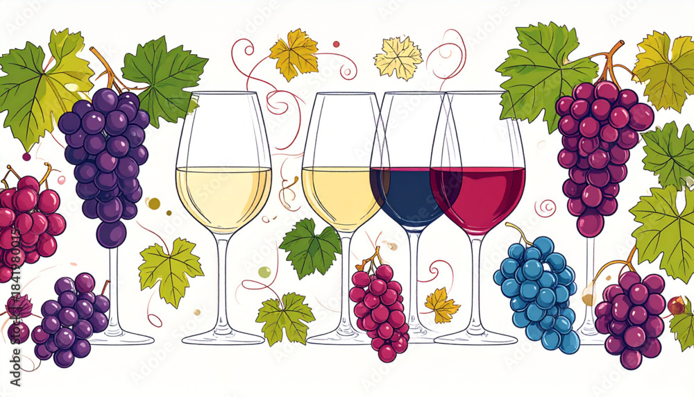 Fototapeta premium Fine Ink Wine Glass & Grape Doodles for Tasting Flyer