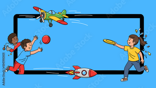 Playful kids and toys with digital tablet frame on blue background, celebrating childhood fun and imagination