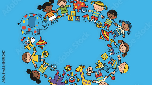 Happy diverse children and toys forming a circle on blue, symbolizing friendship, childhood, play, and early education.