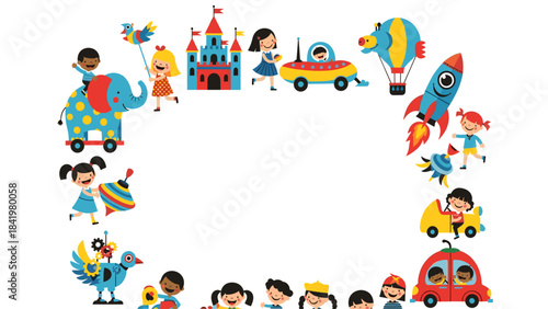 Happy cartoon kids and colorful toys forming a decorative border frame for children's design