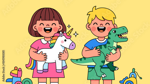 Joyful Kids with Unicorn and Dinosaur Toys. Happy Childhood Playtime Illustration.